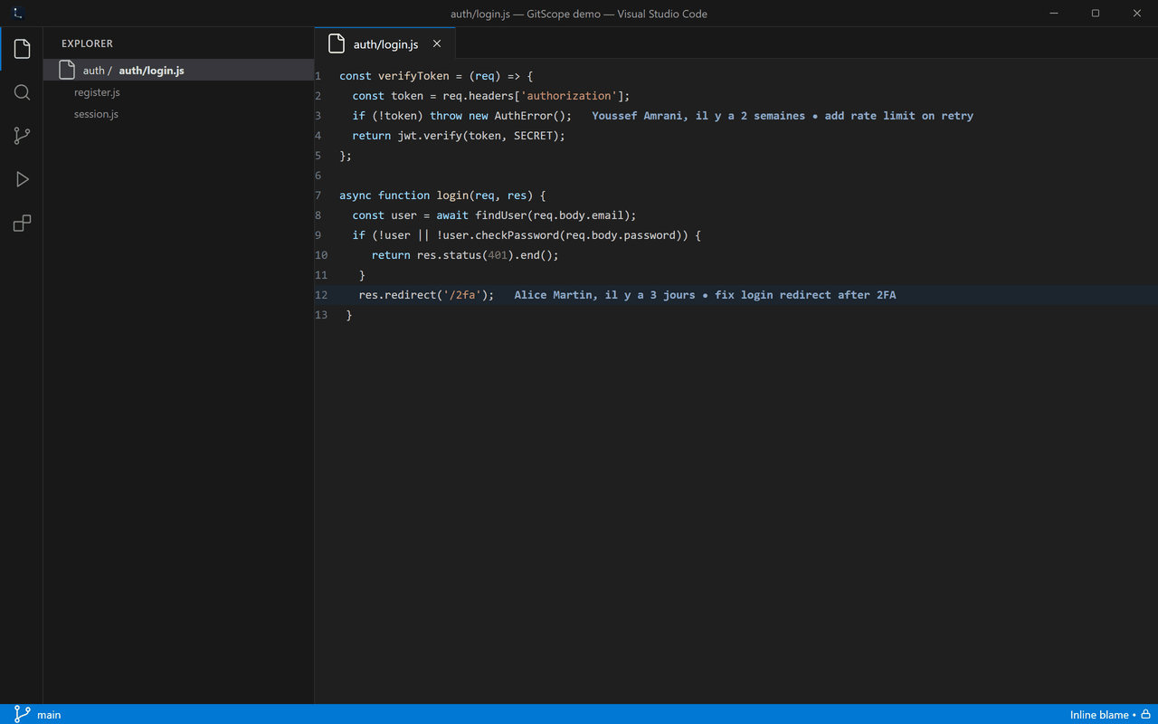 Blame en ligne : auteur, date et message du commit sur la ligne courante