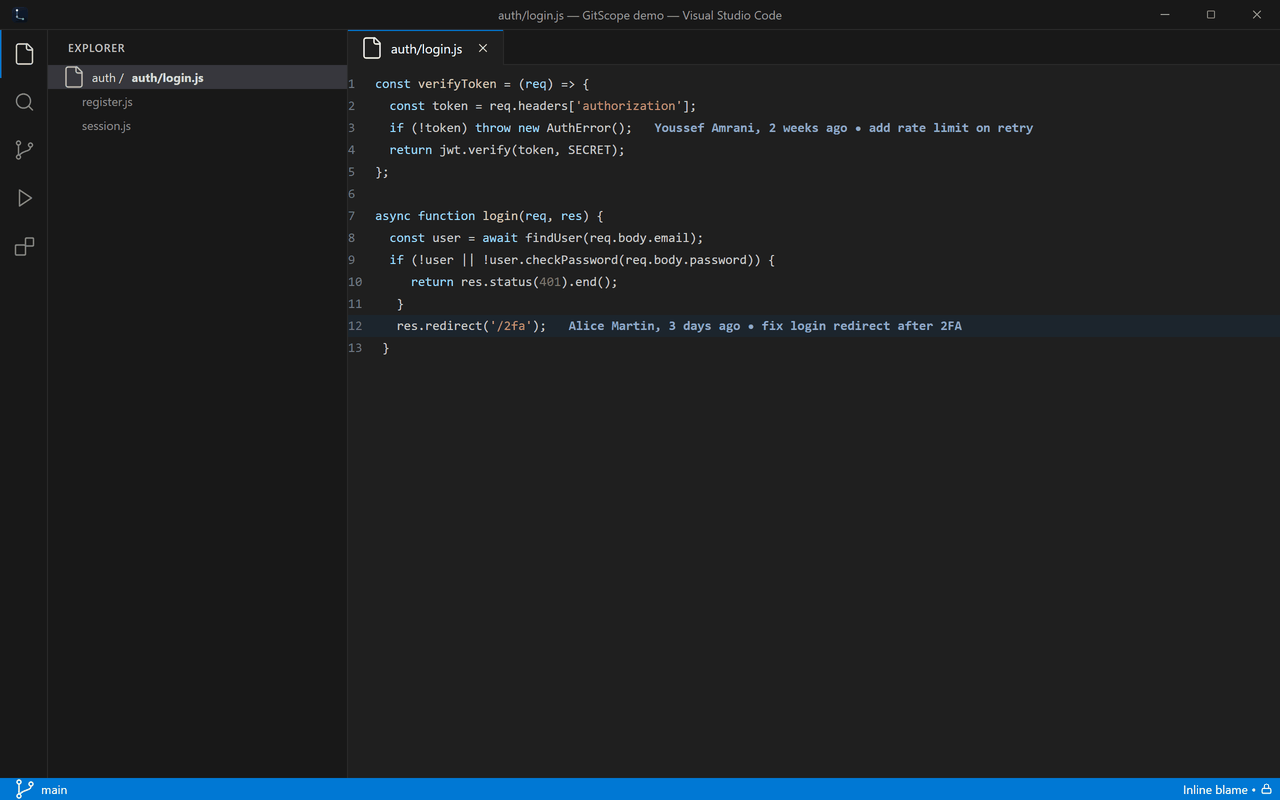 Inline blame shows the author, date and commit message on the current line