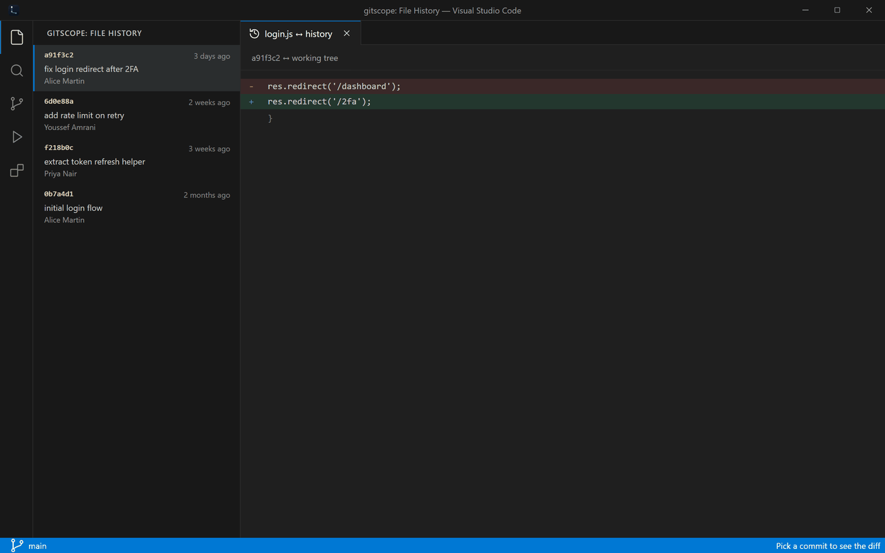 File history with one-click diff for any past commit